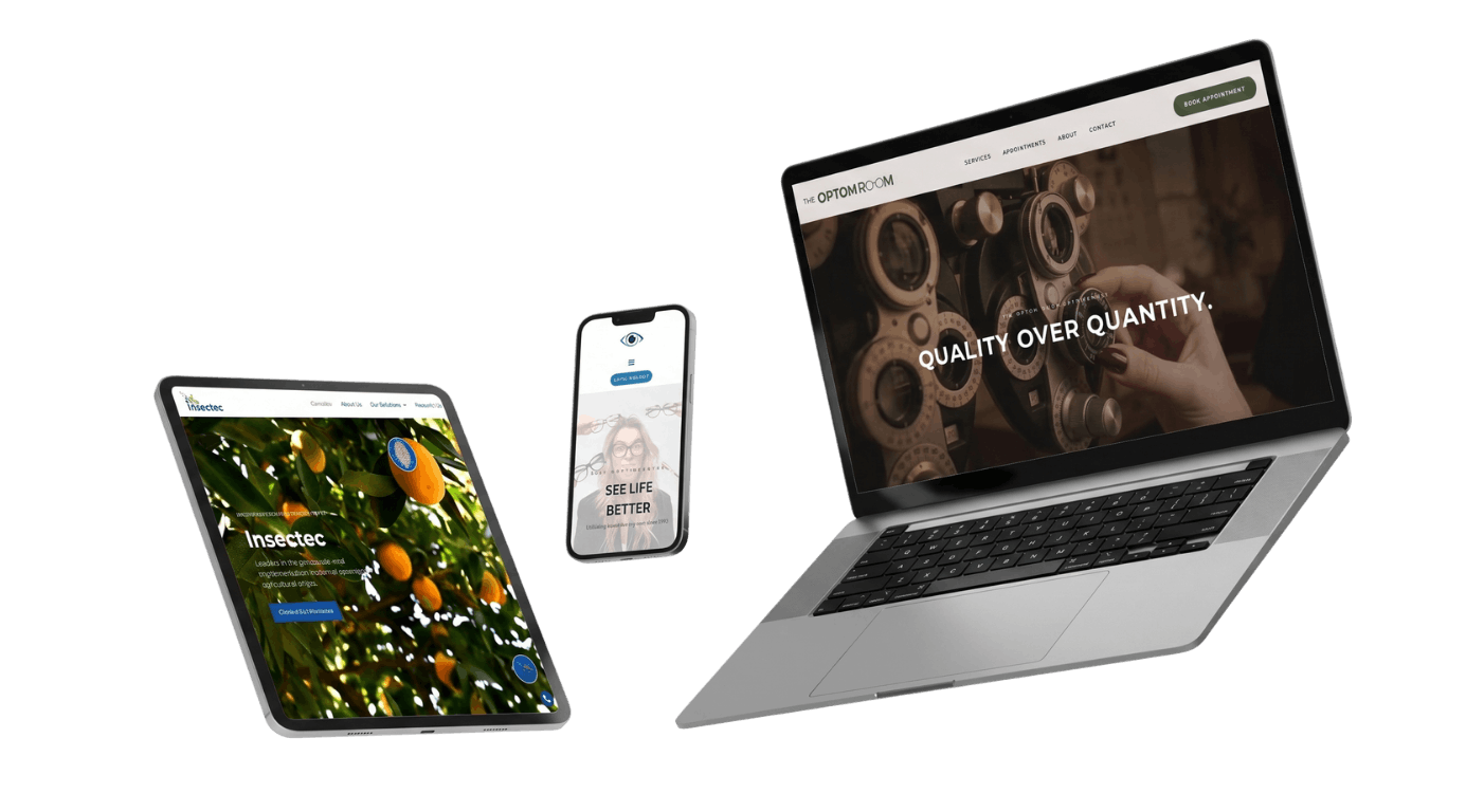 Insectec, The Optom Room and Minamooi client websites shown on a tablet, phone and laptop